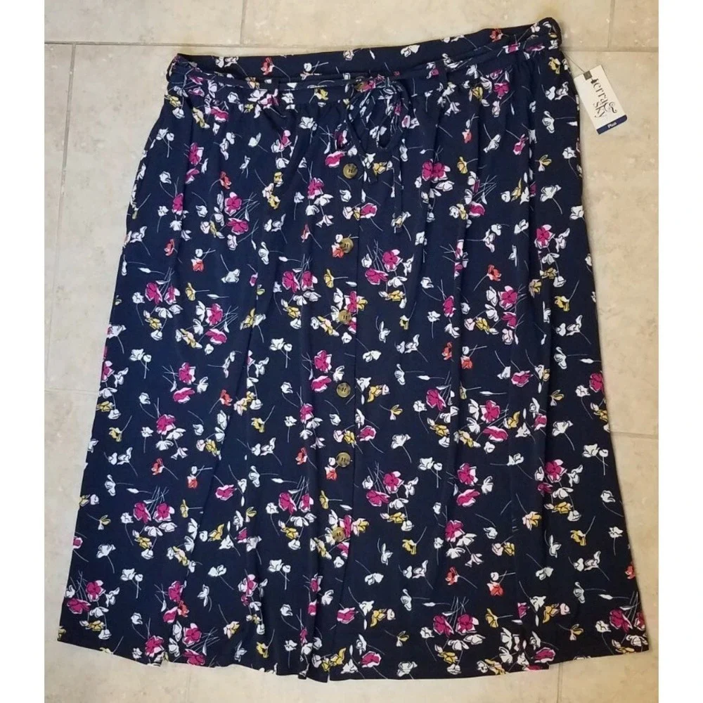 New‎ Terra Sky Women Button Front Maxi Skirt Floral Print Blue Plus 2X (20W-22W)
